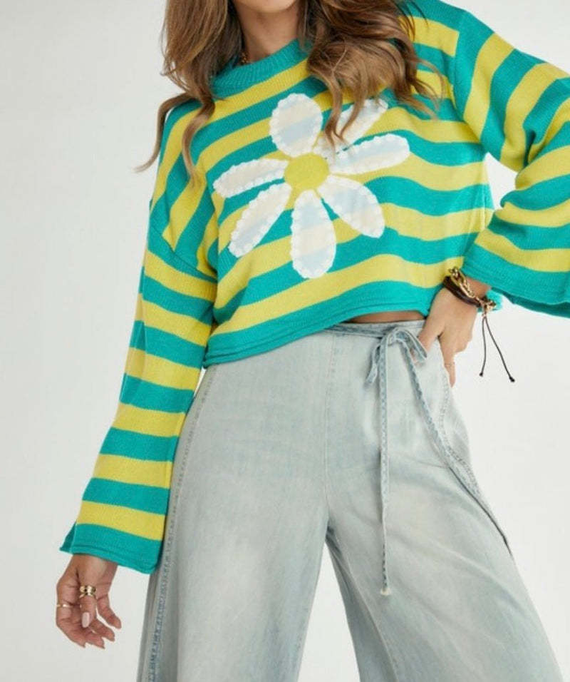 Daisy Bloom Stripe Knit Pullover Sweater - Green