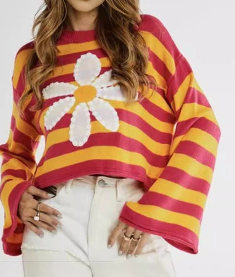 Daisy Bloom Stripe Knit Pullover Sweater - Orange