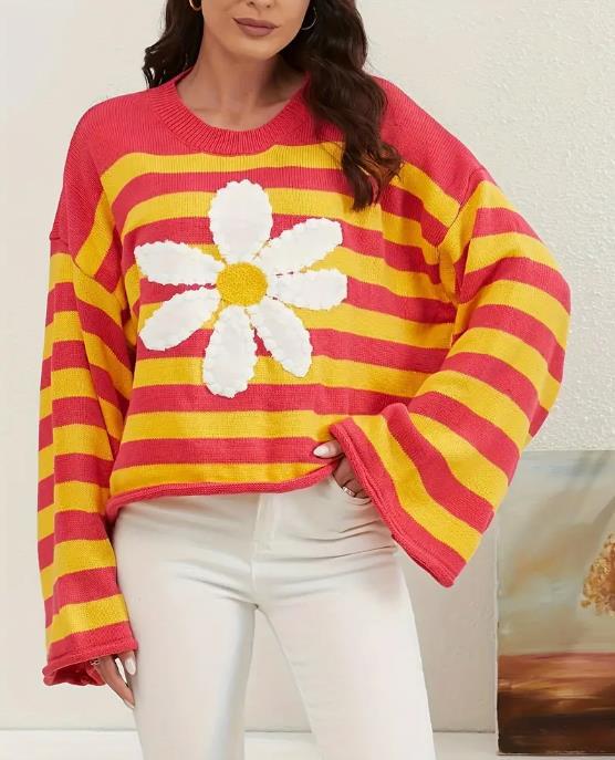 Daisy Bloom Stripe Knit Pullover Sweater - view 2