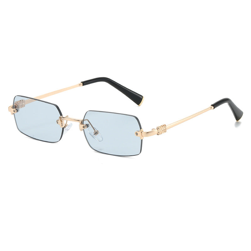 Rimless Rectangle Sunglasses With Slim Metal Arms - Blue