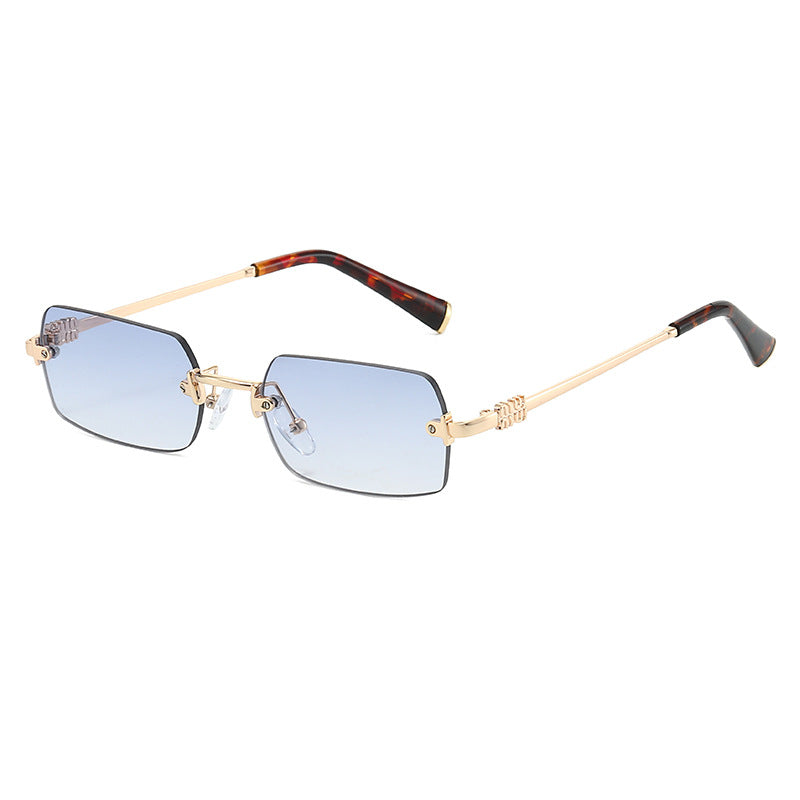 Rimless Rectangle Sunglasses With Slim Metal Arms - Blue_G