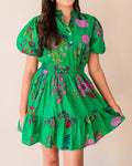 Floral Puff Sleeve Tiered Ruffle Mini Dress - Green