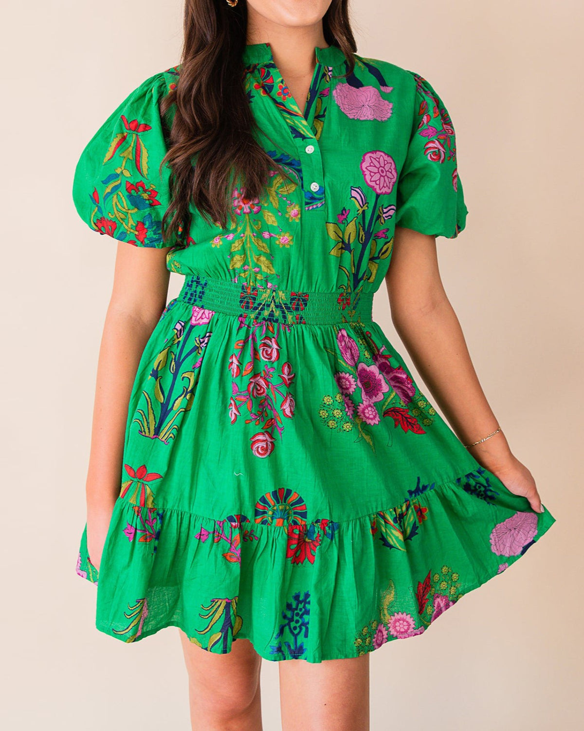 Floral Puff Sleeve Tiered Ruffle Mini Dress - Green