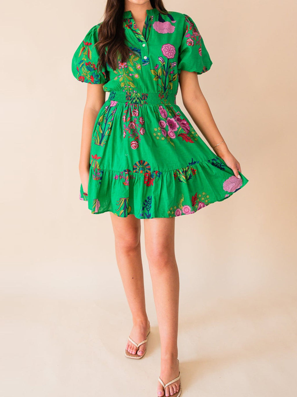 Floral Puff Sleeve Tiered Ruffle Mini Dress - Green - 1
