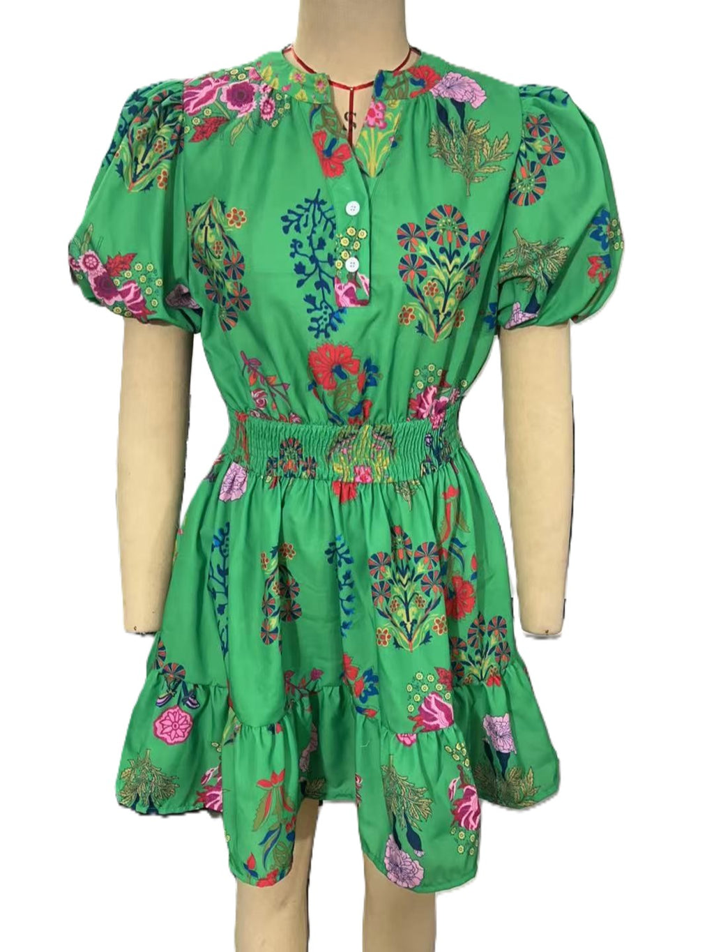Floral Puff Sleeve Tiered Ruffle Mini Dress - Green - 2