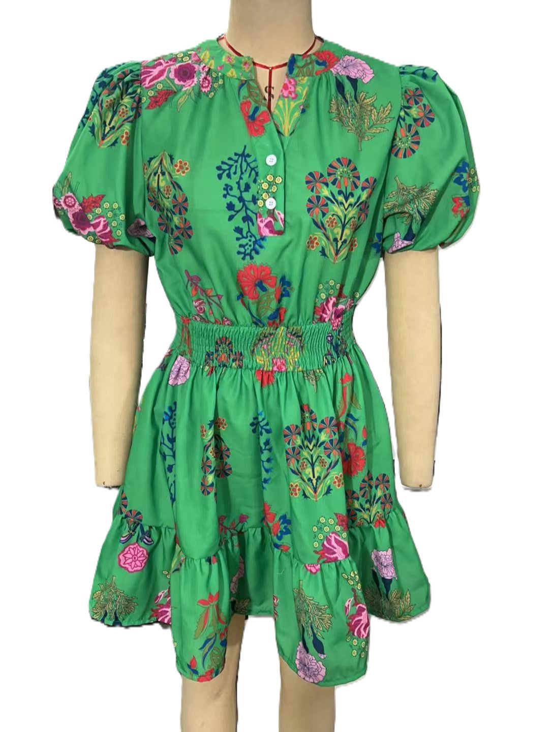 Floral Puff Sleeve Tiered Ruffle Mini Dress - Green - 2