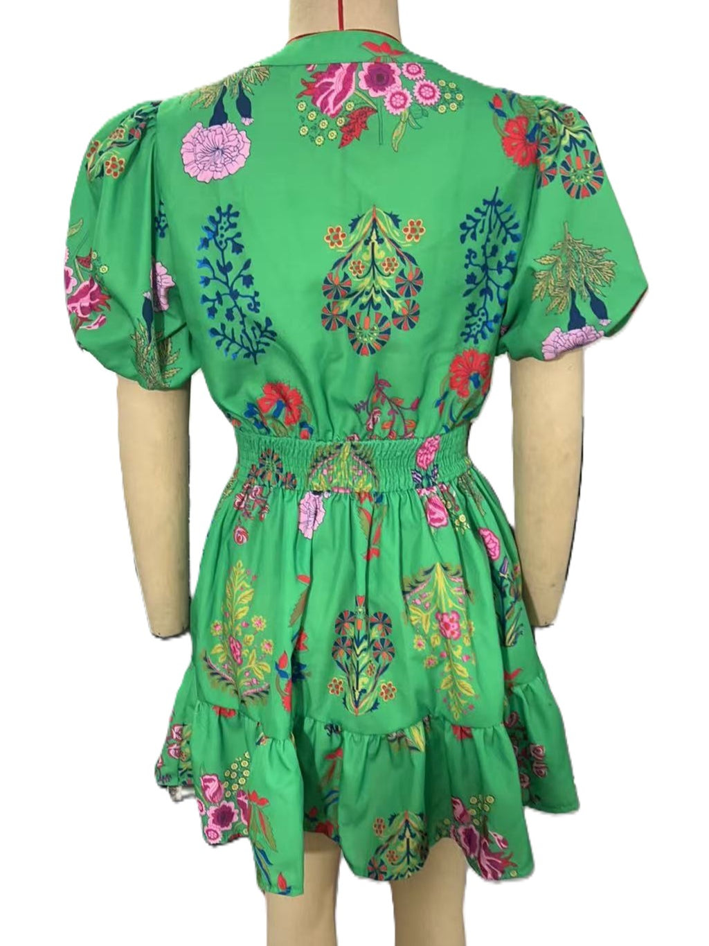 Floral Puff Sleeve Tiered Ruffle Mini Dress - Green - 3