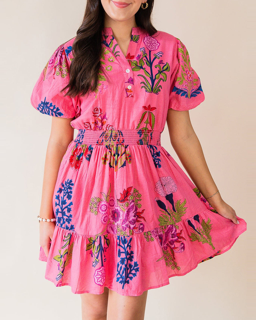 Floral Puff Sleeve Tiered Ruffle Mini Dress - Pink