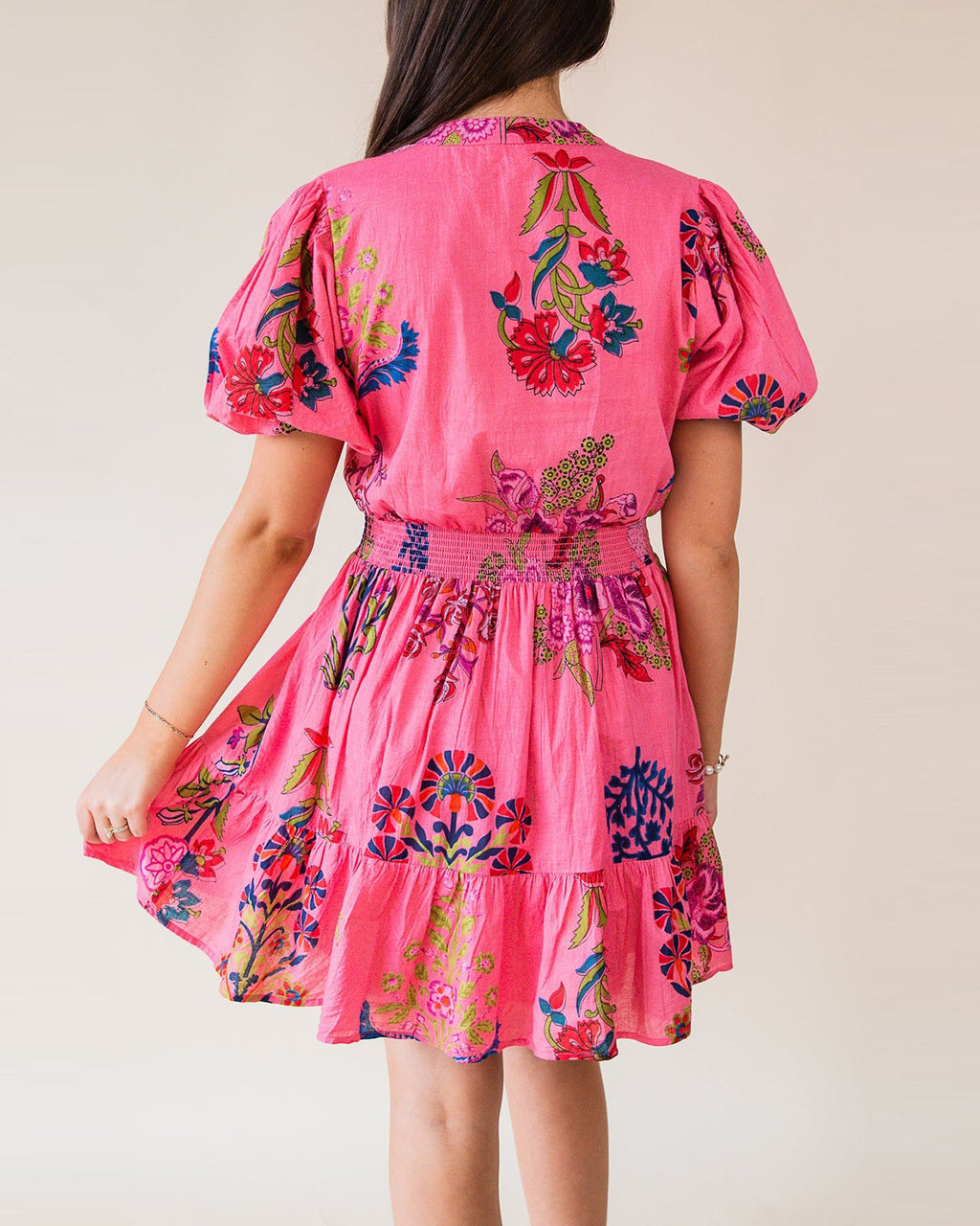 Floral Puff Sleeve Tiered Ruffle Mini Dress - Pink - 1