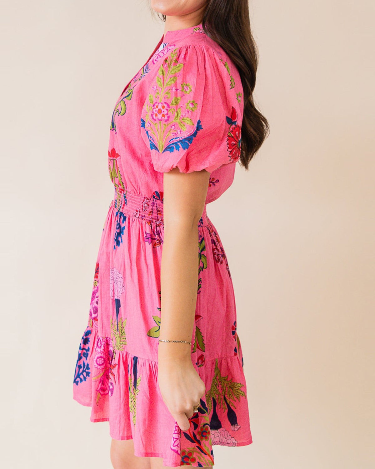 Floral Puff Sleeve Tiered Ruffle Mini Dress - Pink - 2