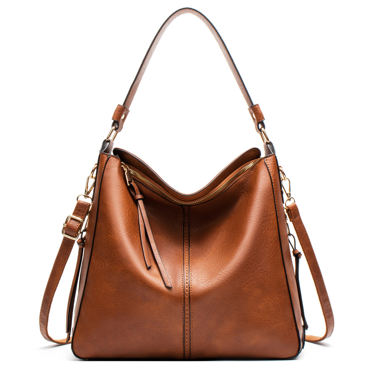Slouchy Faux Leather Hobo Tote Bag - Brown