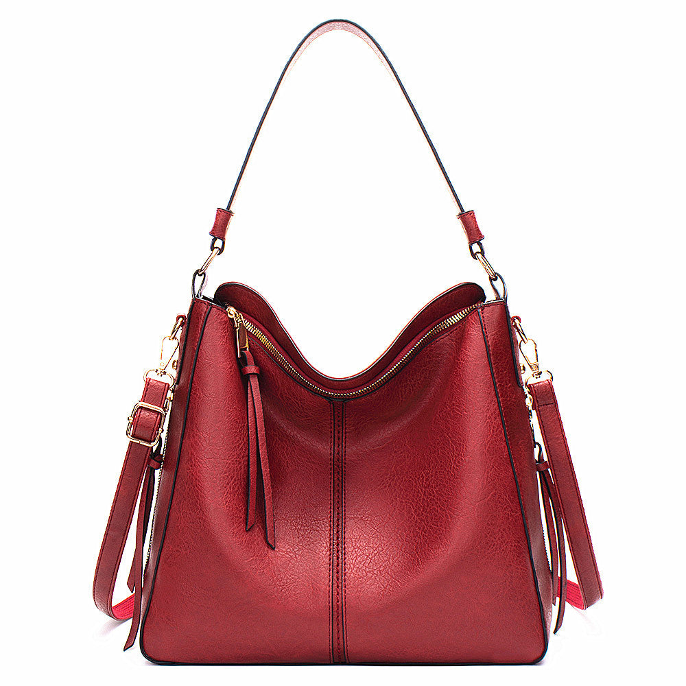Slouchy Faux Leather Hobo Tote Bag - Red