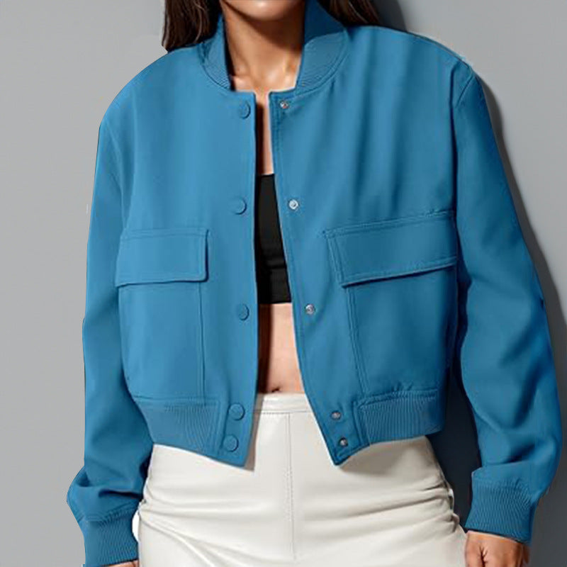 Cropped Flap Pocket Bomber Jacket - Blue