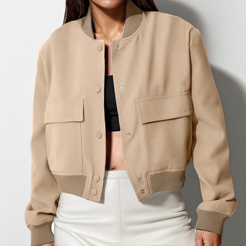 Cropped Flap Pocket Bomber Jacket - Khaki