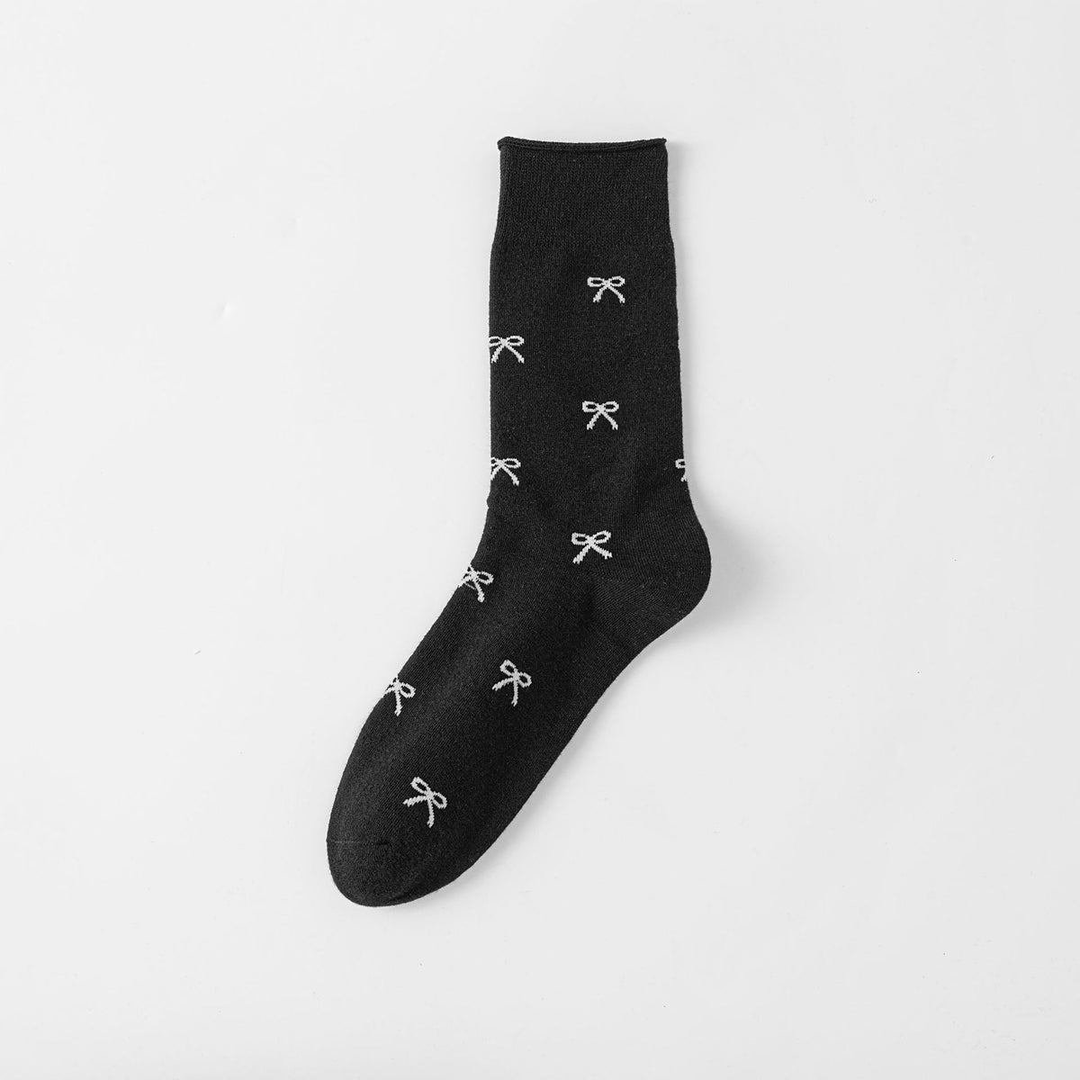 Scattered Bow Motif Mid Calf Socks - Black_01