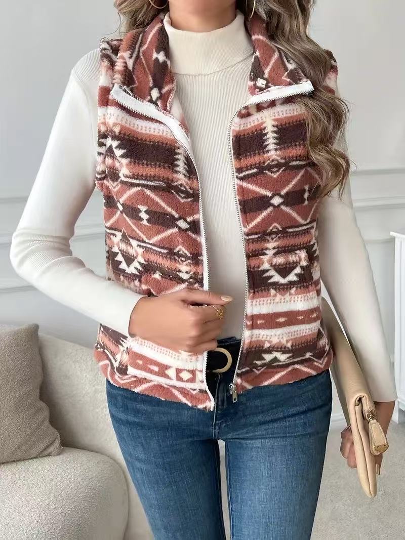 Western Aztec Fleece Zip Up Vest - Red - 1