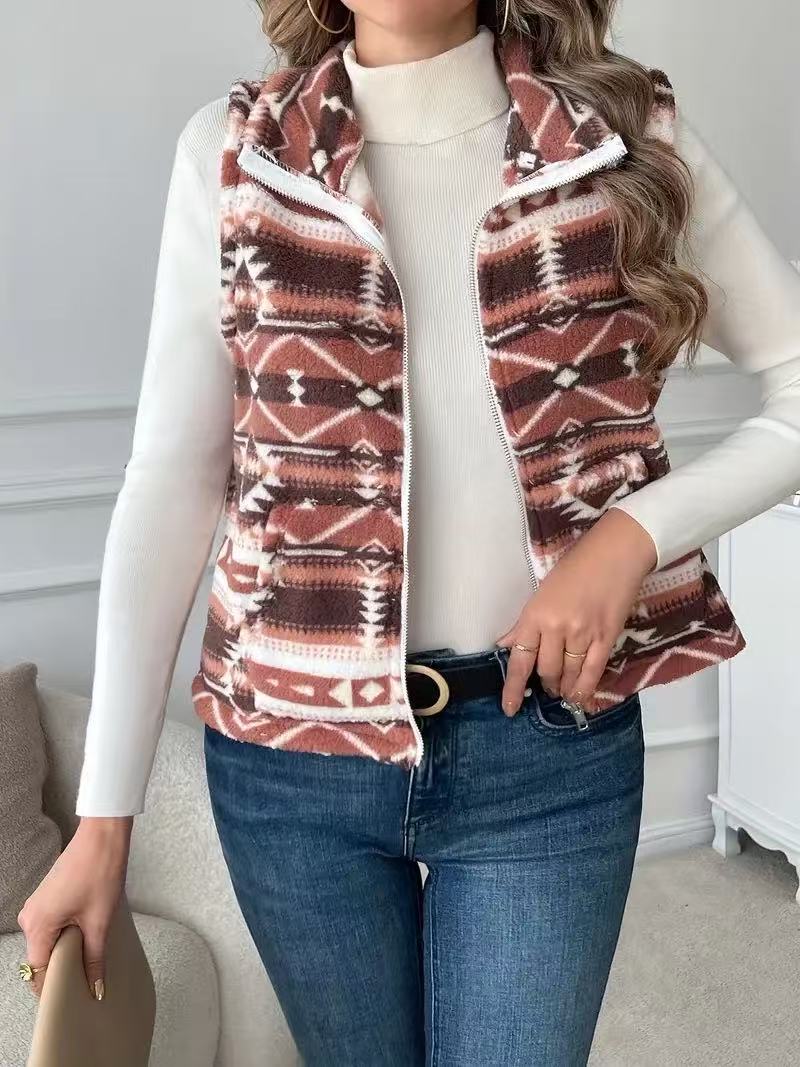 Western Aztec Fleece Zip Up Vest - Red - 2