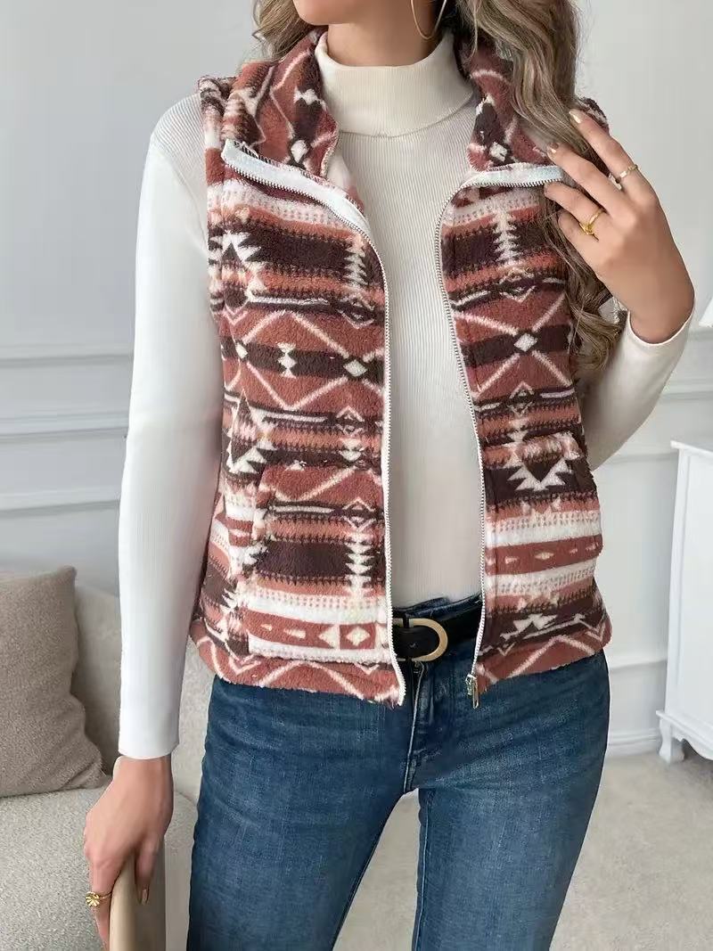 Western Aztec Fleece Zip Up Vest - Red - 4
