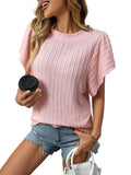Ribbed Knit Petal Sleeve Round Neck Tee - Pink
