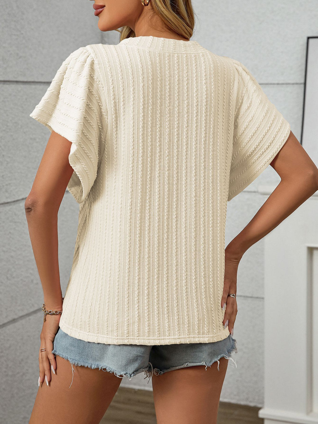Ribbed Knit Petal Sleeve Round Neck Tee