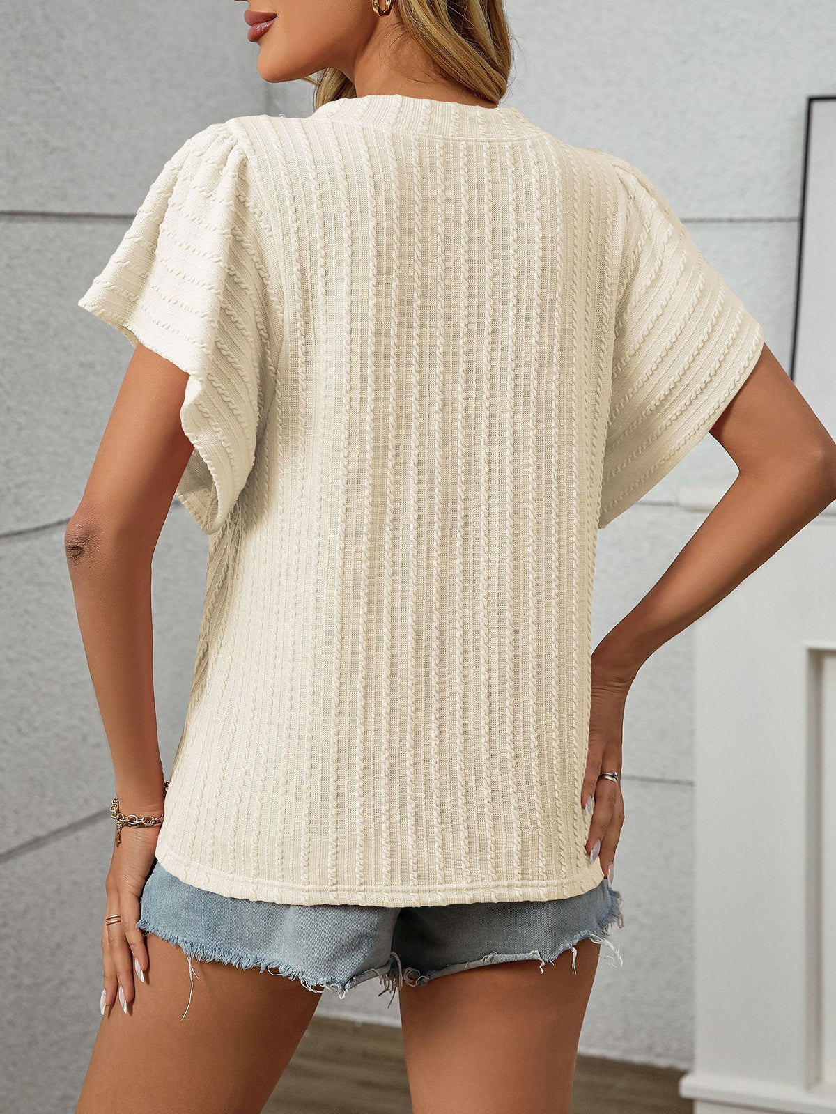Ribbed Knit Petal Sleeve Round Neck Tee