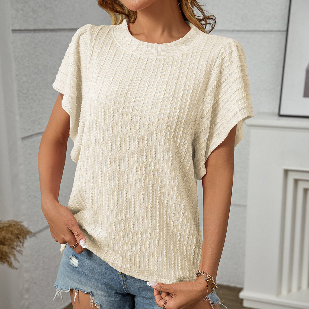 Ribbed Knit Petal Sleeve Round Neck Tee - view 4