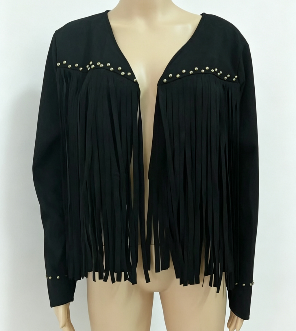 Studded Fringe Faux Suede Cropped Jacket - Black