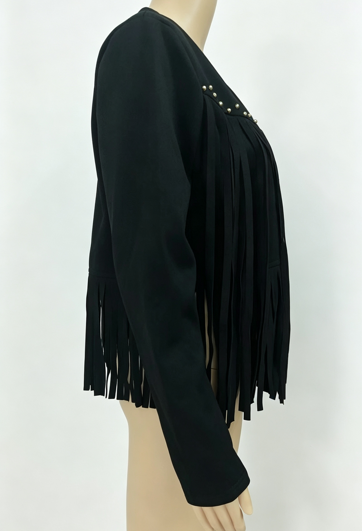 Studded Fringe Faux Suede Cropped Jacket - Black - 2