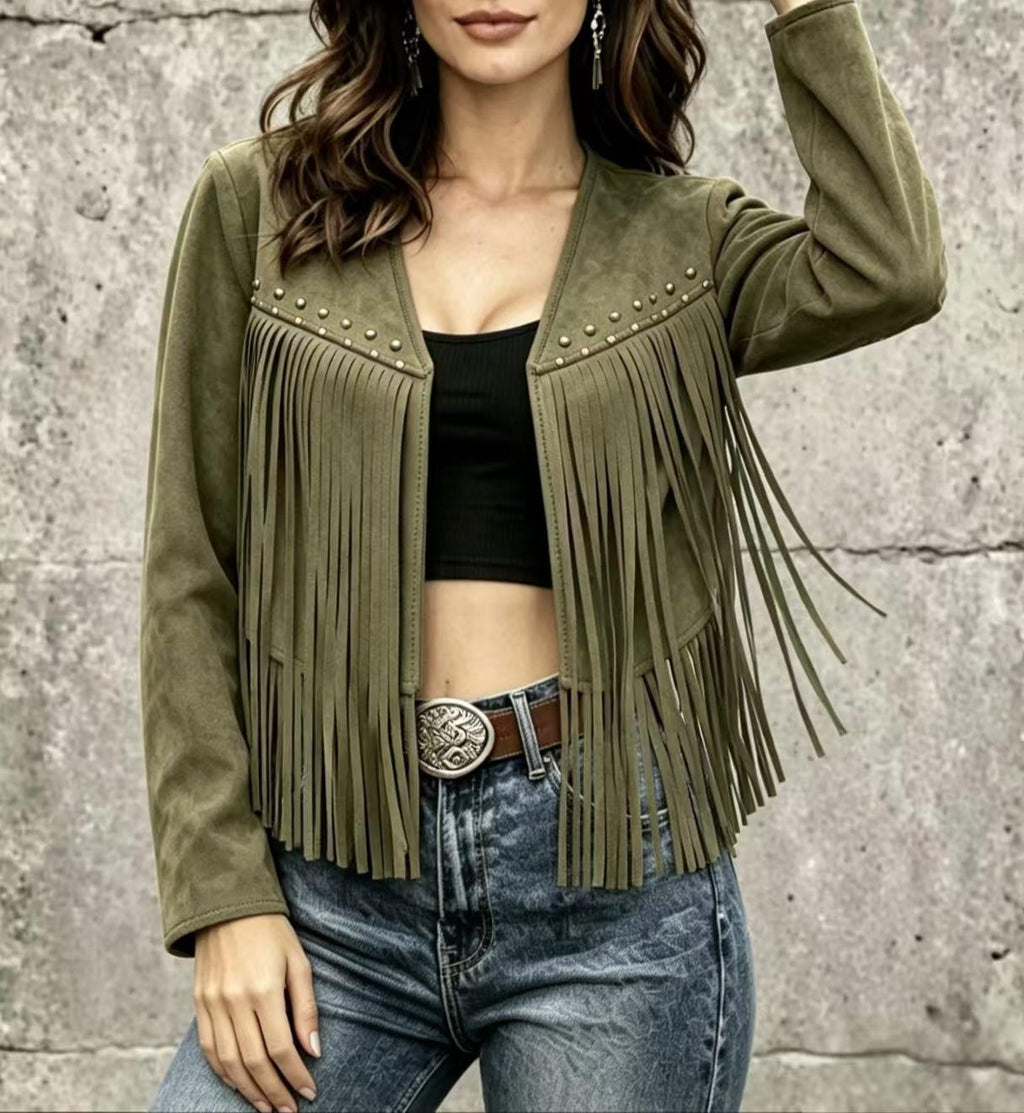 Studded Fringe Faux Suede Cropped Jacket - Green