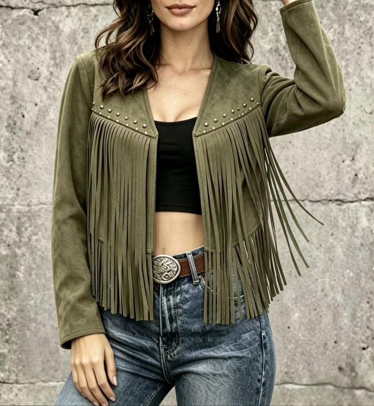 Studded Fringe Faux Suede Cropped Jacket - Green