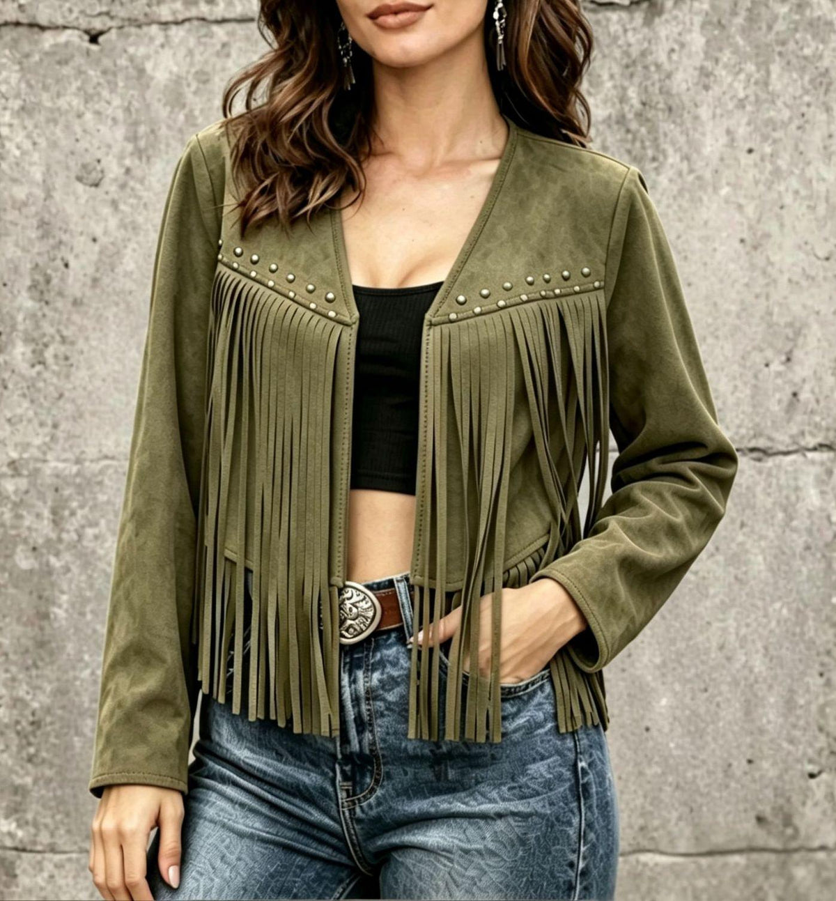 Studded Fringe Faux Suede Cropped Jacket - Green - 1