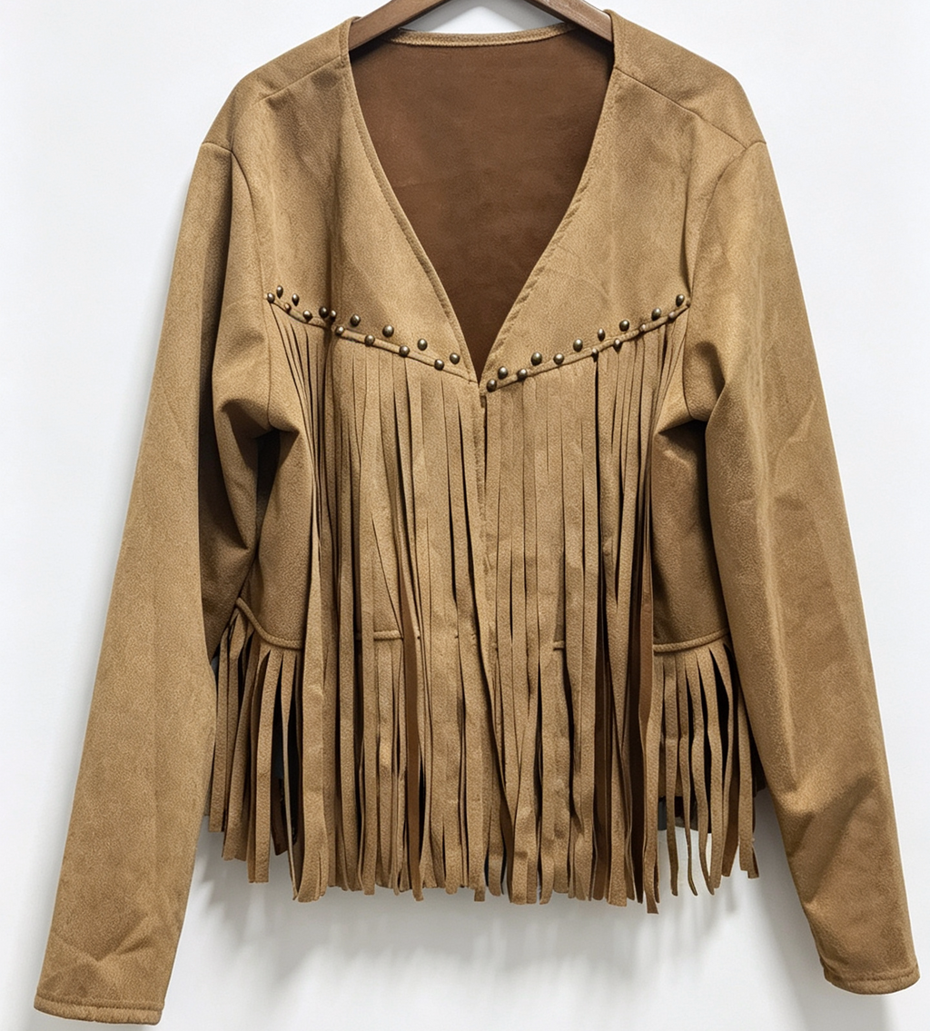 Studded Fringe Faux Suede Cropped Jacket - Khaki - 1