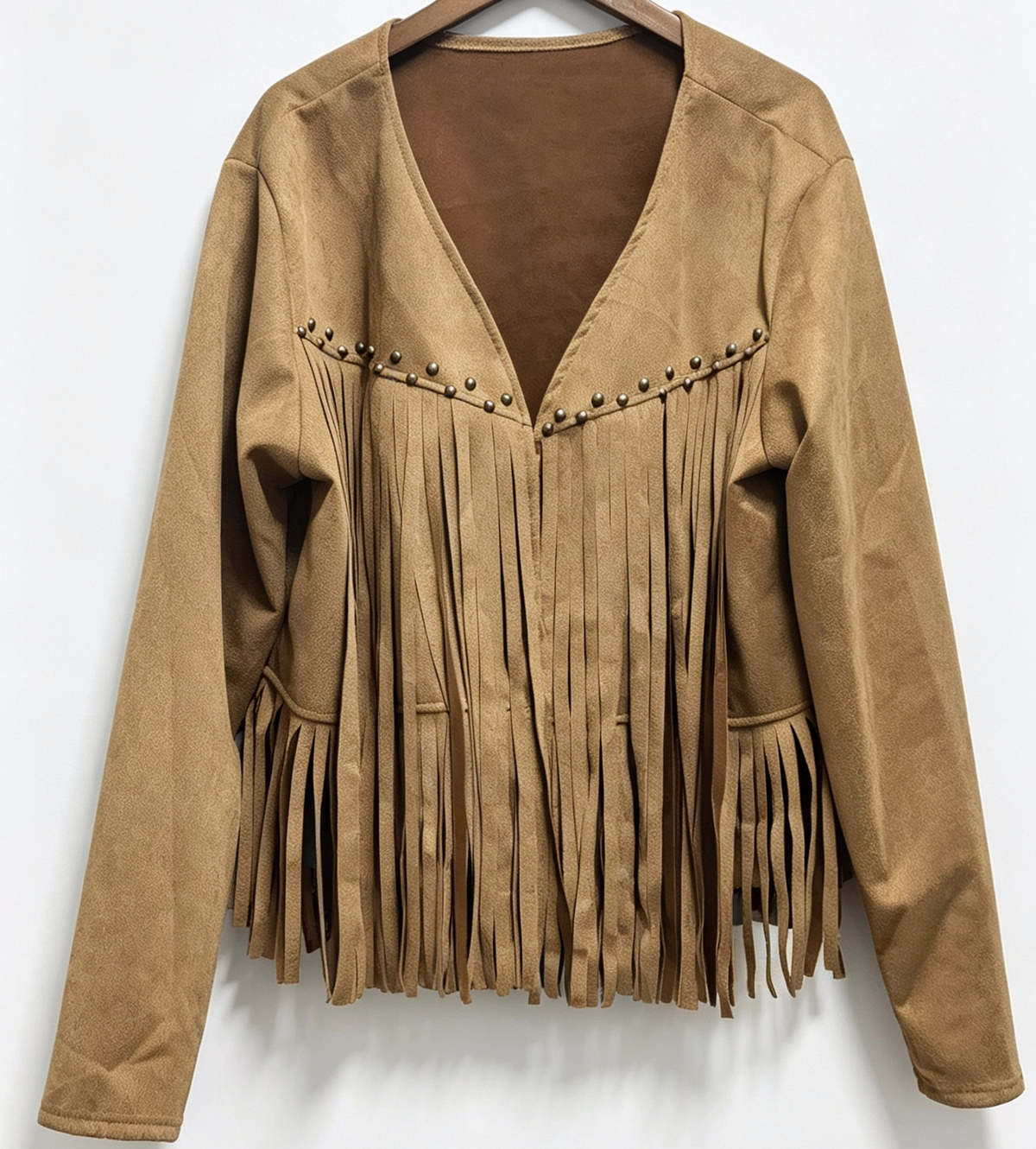 Studded Fringe Faux Suede Cropped Jacket - Khaki - 1