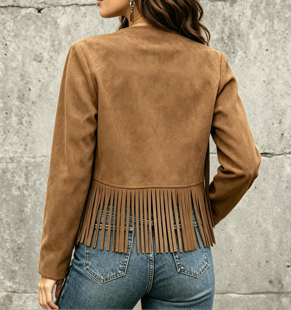Studded Fringe Faux Suede Cropped Jacket - Khaki - 3