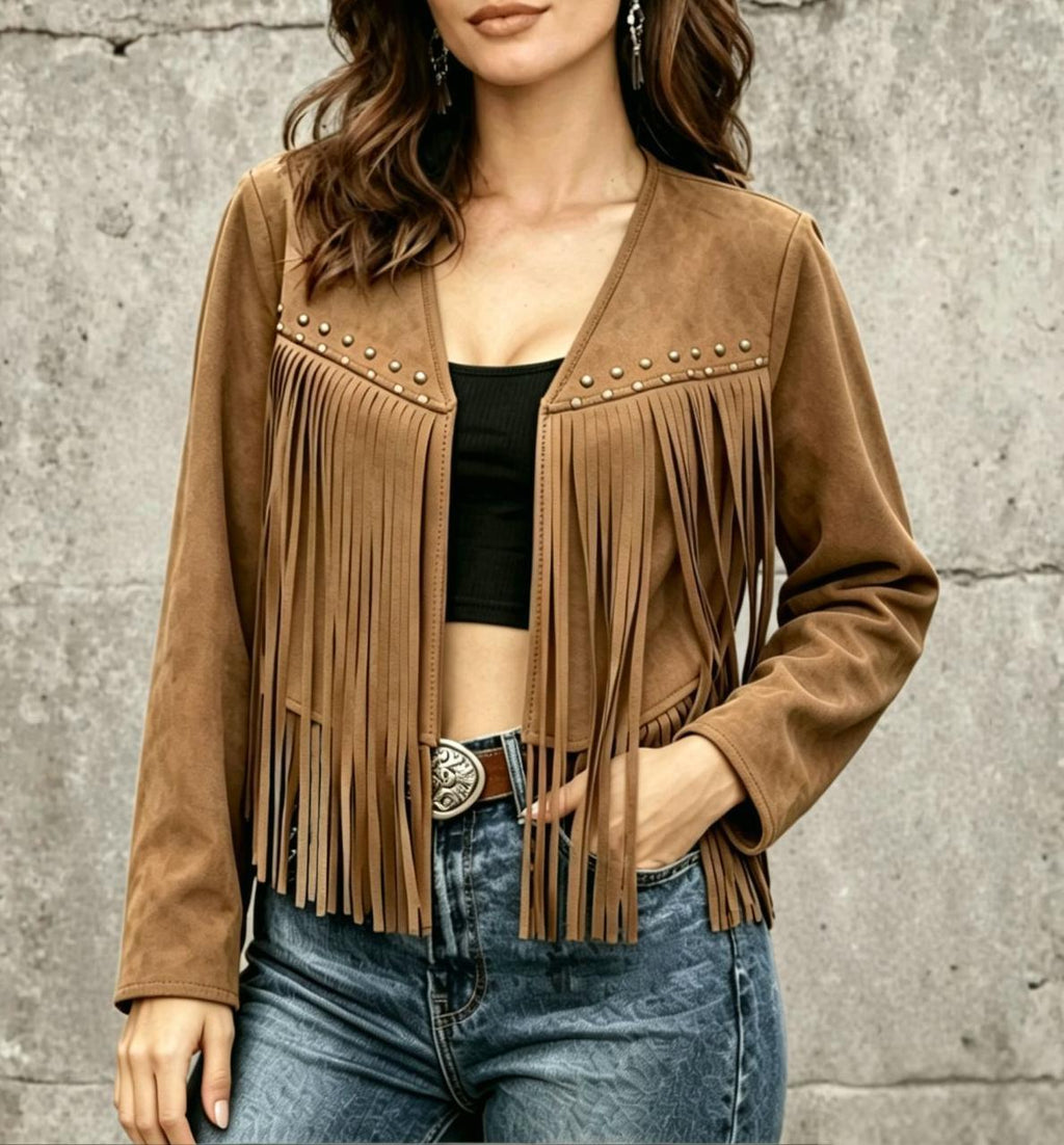 Studded Fringe Faux Suede Cropped Jacket - Khaki - 4