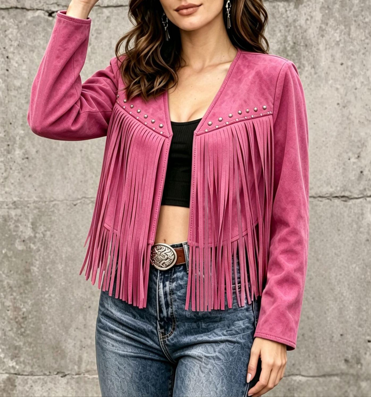 Studded Fringe Faux Suede Cropped Jacket - Rose_Red