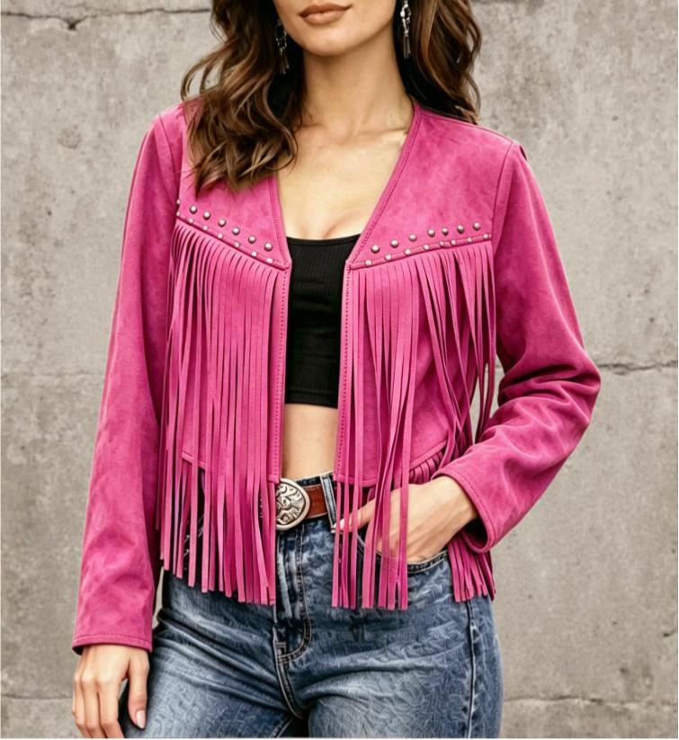 Studded Fringe Faux Suede Cropped Jacket - Rose_Red - 1
