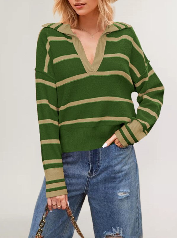 Striped Open Collar Polo Knit Sweater - Green