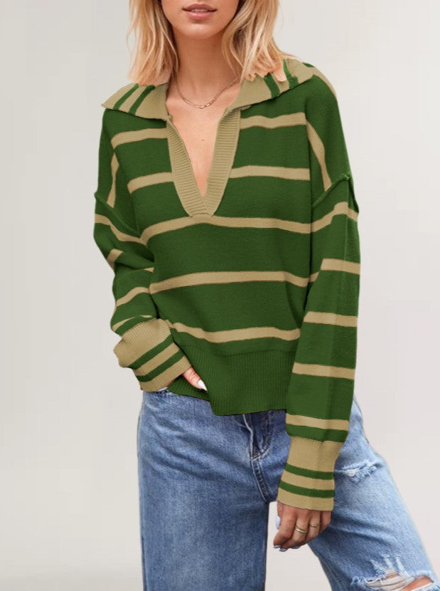 Striped Open Collar Polo Knit Sweater - Green - 1