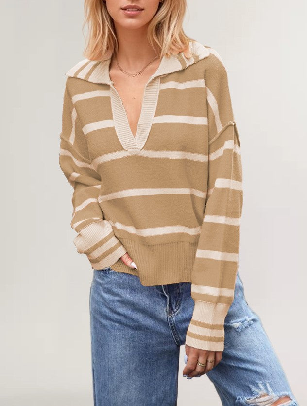 Striped Open Collar Polo Knit Sweater - Khaki