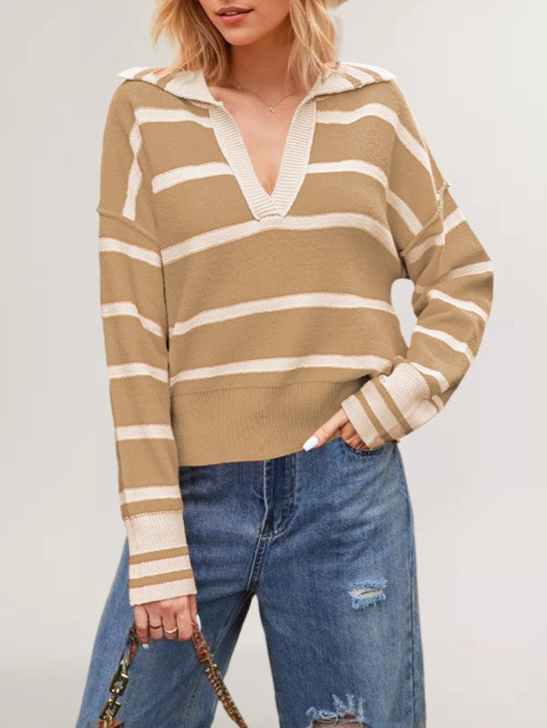 Striped Open Collar Polo Knit Sweater - Khaki - 1