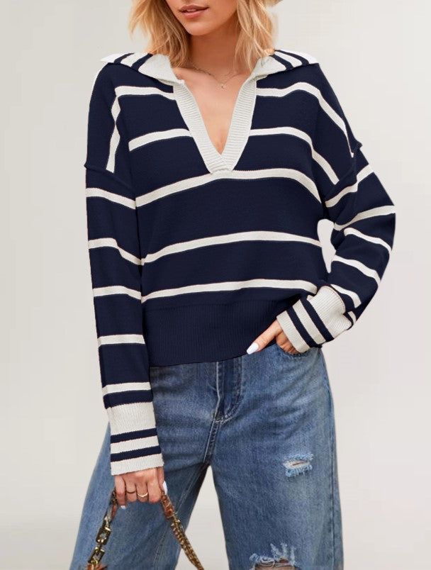 Striped Open Collar Polo Knit Sweater - Navyblue