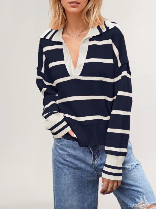 Striped Open Collar Polo Knit Sweater - Navyblue - 1