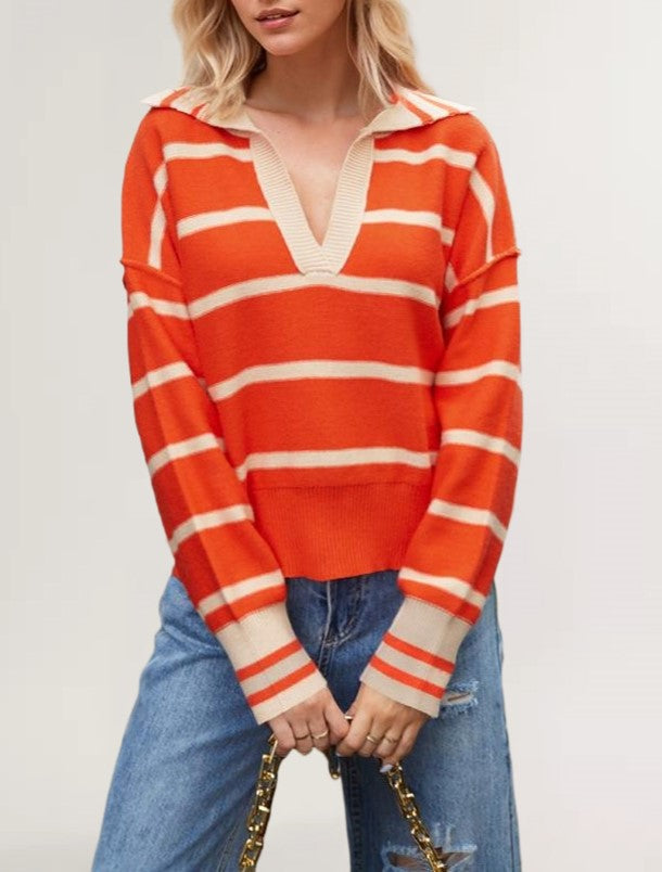 Striped Open Collar Polo Knit Sweater - Orange