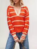Striped Open Collar Polo Knit Sweater - Orange