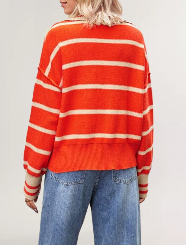 Striped Open Collar Polo Knit Sweater - Orange - 1