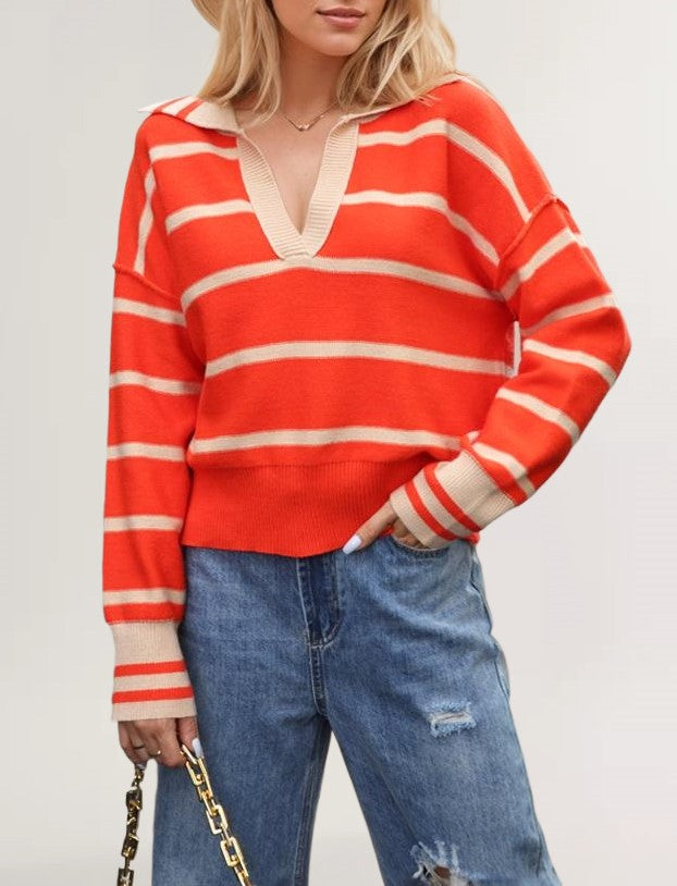 Striped Open Collar Polo Knit Sweater - Orange - 2
