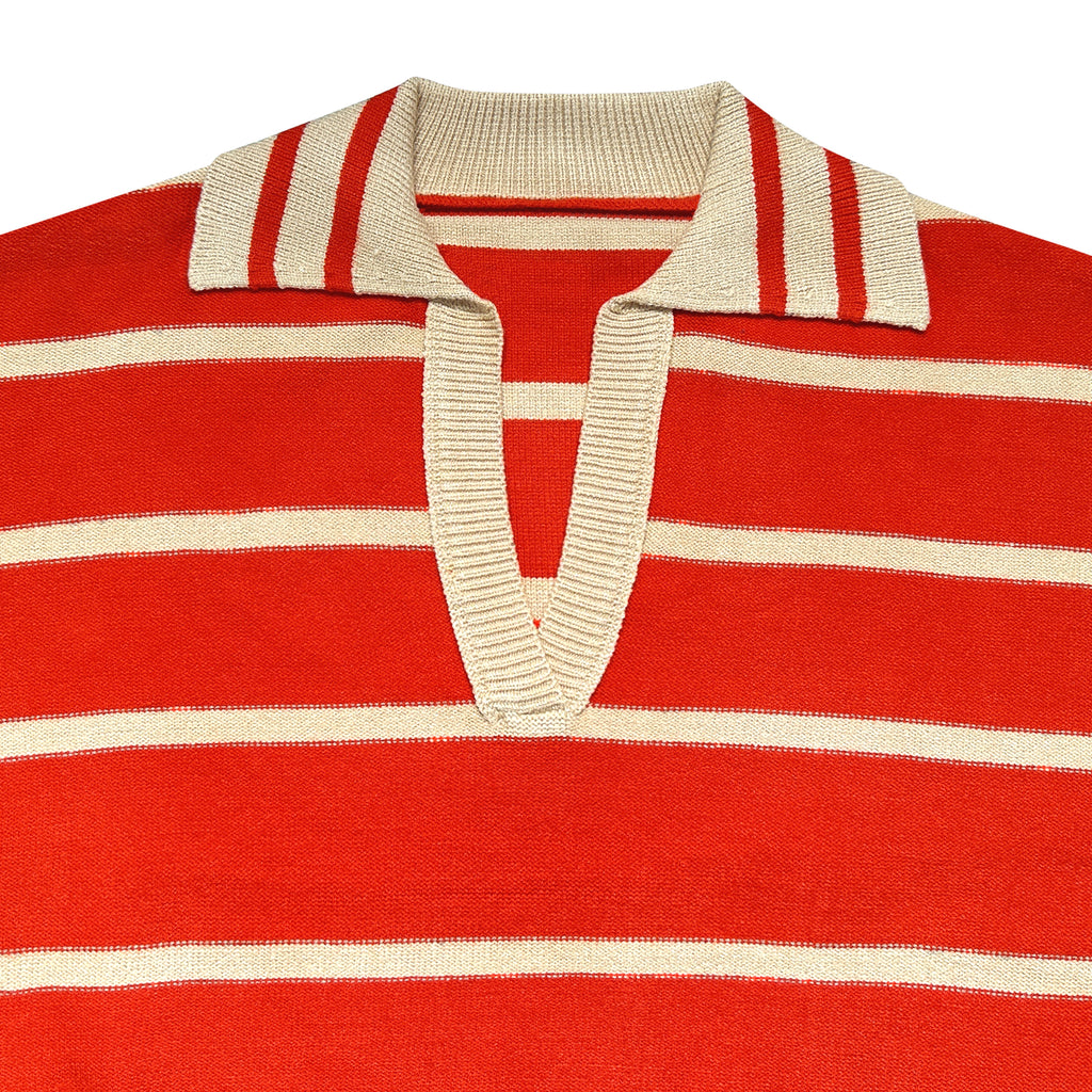 Striped Open Collar Polo Knit Sweater - Orange - 3
