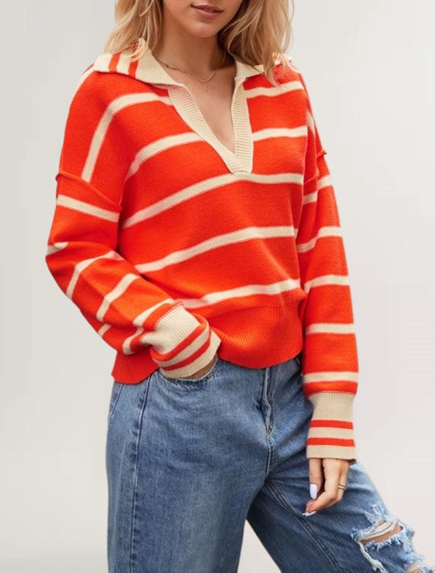Striped Open Collar Polo Knit Sweater