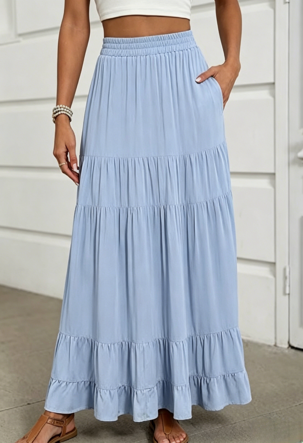 Flowy Maxi Skirt With Ruffled Tiers - Blue